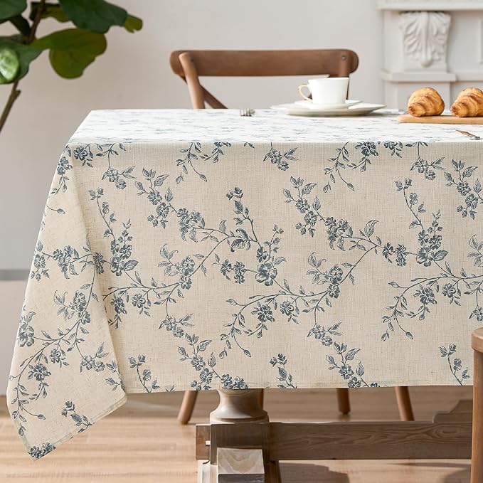 jinchan Blue Farmhouse Floral Linen Rectangle Table Cloth 52 x 70 Inch | by JINCHAN