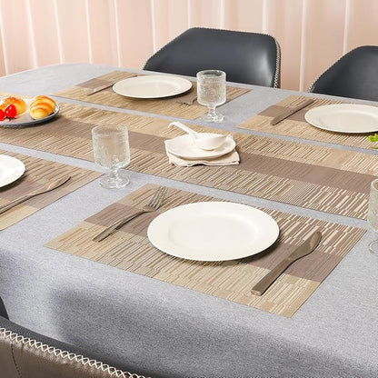 Placemats Set of 6, Vinyl Woven Place Mats Indoor Set of 6 Washable Wipeable PVC Table Mats Heat-Resistant Non Slip Plastic Placemat for Kitchen Dining Outdoor Table (Gray Gold, Set of 6)