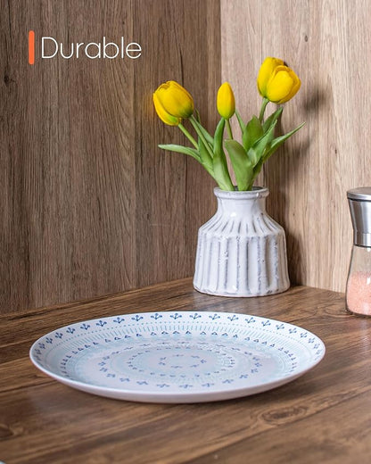 10.5 inch Dinner Plate Set of 6, Lightweight Round Opal Glass Dinnerware Plates, Dishwasher and Microwave Safe, Navy Geometric Floral Mandala Pattern