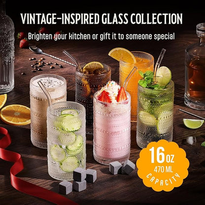 16 Oz Hobnail Drinking Glasses Set of 6 - Clear Multipurpose Glassware Sets, Decorative & Stylish Glasses Drinking Set for Bar, Kitchen, Cocktail Glassware, Garden - Home, Dining, & Kitchen