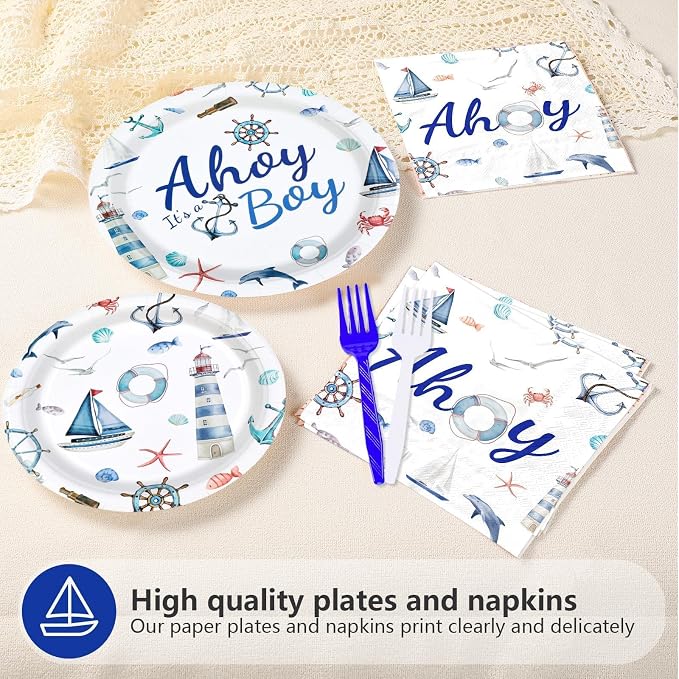 96 Pcs Ahoy It's A Boy Baby Shower Decorations, Serves 24 | Nautical Baby Boy - Image 3