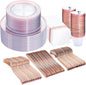 WELLIFE 350Pcs Rose Gold Plastic Plates for 50 Guests - Clear Plates for Party，Disposable Dinnerware Set Includes 100 Rose Gold plates,150 Silverware,50 Napkins,50 Cups for Party and Wedding