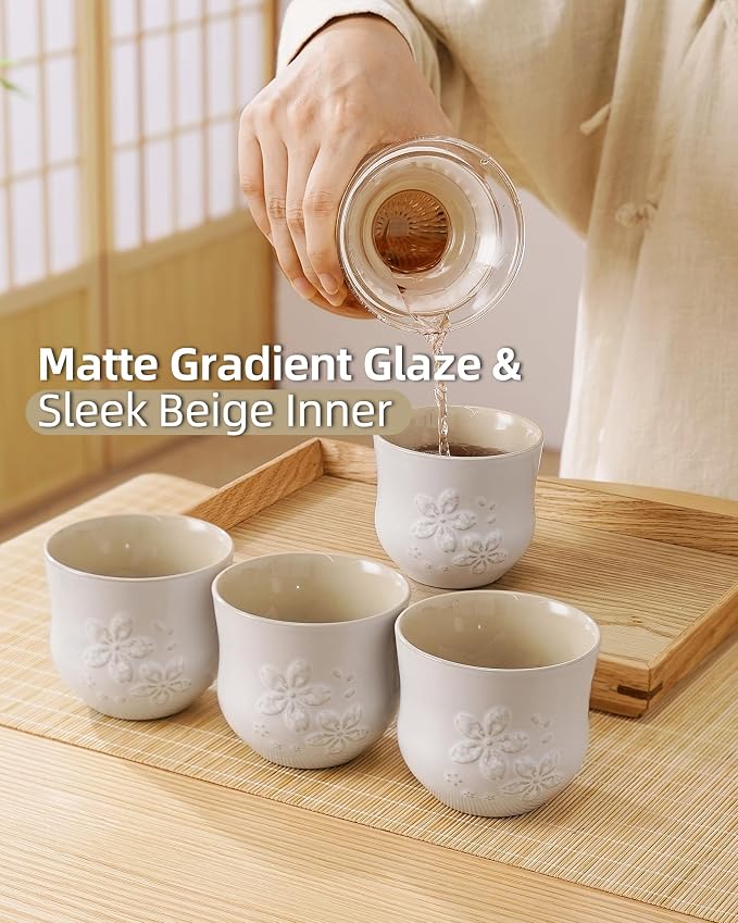 ZENS Japanese Tea Cups Set of 4 – 210ML Embossed Porcelain Japan Tea Cups - Image 3