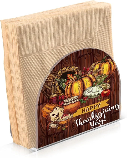 Napkin Holder Happy Thanksgiving Day Turkey Bread Pumpkin Crystal Clear Acrylic Napkin Holders, Paper Napkin Holder Dining Table Dispenser for Kitchen Restaurant Home Decor Bar Accessories