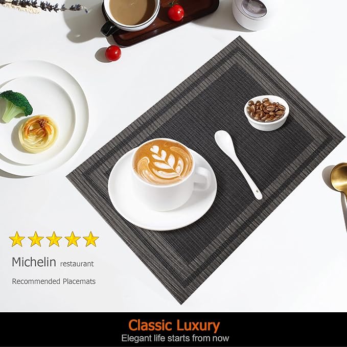 Black Gold Vinyl Placemats Set of 6, Heat Resistant Table Placemats | 18x12 - Image 2