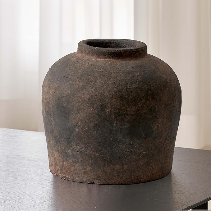LB2 Brown Ceramic Large Vase, 11" Tall Zen Style vase, Terra Cotta Pitcher, Distressed Farmhouse Decor, Pottery Decorative Flower for Home Decor (B - Brown 11")