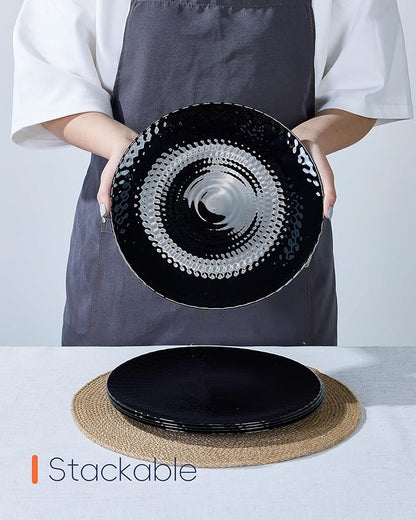 10.5 inch Dinner Plate Set of 6, Round Opal Glass Black Geometric Faceted Dinnerware Plates, Dishwasher and Microwave Safe