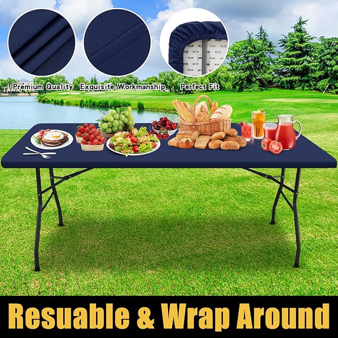 Smiry Rectangle Picnic Table Cloth, Waterproof Elastic Fitted Tablecloths for 5 Foot Tables, Washable Polyester Table Cover for Camping, Indoor and Outdoor (Navy, 36"x60")