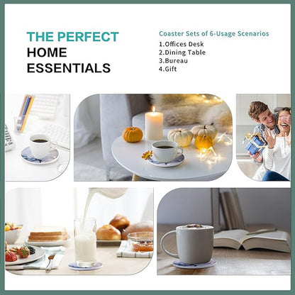 Round Coasters, Crystal Blue Ceramic Marble, 6 Pcs for Drinks, Non-Slip for Desk & Room Decor (4 Inches)