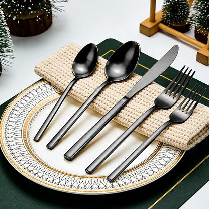 20pcs Matte Black Silverware Set, Cuboid Flatware Set Service for 4, Stainless Steel Cutlery Set, Dishwasher Safe