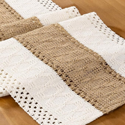 Ivory & Burlap Boho Table Runner Farmhouse Woven Table Runner 12x90 Inch | - Image 2
