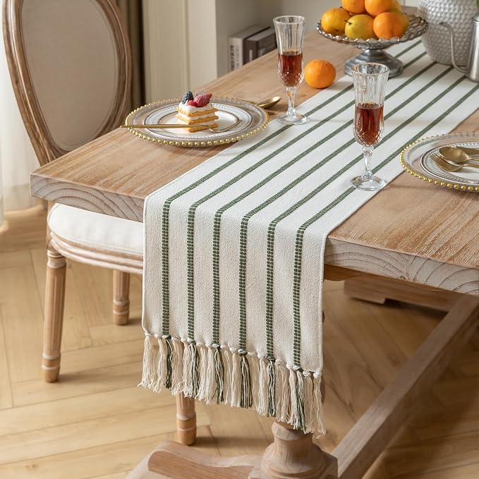 Caflife Boho Table Runner 72 Inchs Long Green and Beige, Cotton and Linen Woven - Image 2