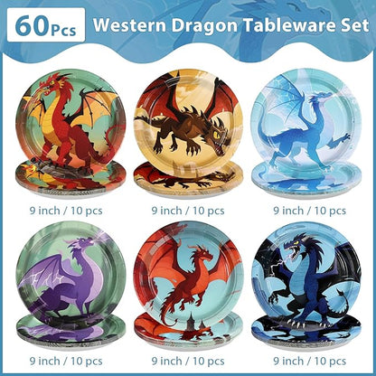 60Pcs Dragon Party Supplies 9” Fire Dragon Party Plates Disposable Dragons Theme Paper Plates Dessert Tableware Set for Kids Boys Fantasy Birthday Supplies Serves 24