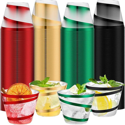 Gejoy 9 oz Rimmed Swirl Plastic Cups Disposable Wine Drinking Cups Clear Elegant Halloween Tumblers for Christmas Party Supplies(Black, Green, Red, Gold,100 Pcs)