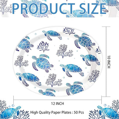 50 Pcs Sea Turtle Oval Paper Plates 10" x 12" Large Heavy Duty Disposable Blue Ocean Coastal Turtle Coral Dessert Plates Platters for Summer Beach Under the Sea Turtles Birthday Party Decorations ﻿