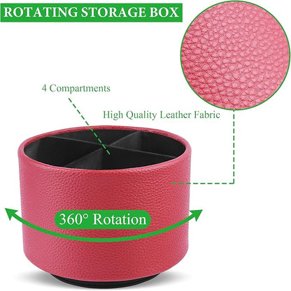 Hennaja Round Leather Art Supply Organizer,Remote Control Holder,360 Degree Spinning,Multi-Functional Pencil Holder,4 Compartments Desktop Stationary Organizer(1-Lichee Red)