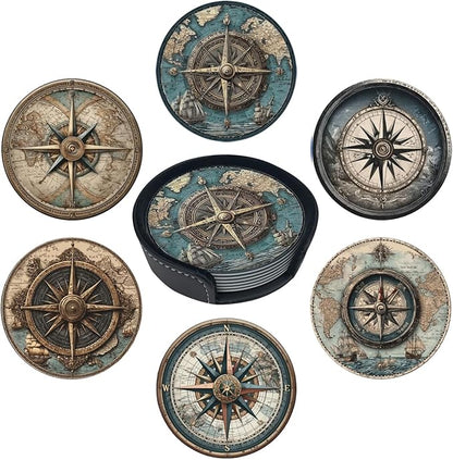 Nautical Compass Coasters for Drinks with Holder Round Leather Coasters Set of 6 Cups Mugs Mat Pad for Home Kitchen Bar
