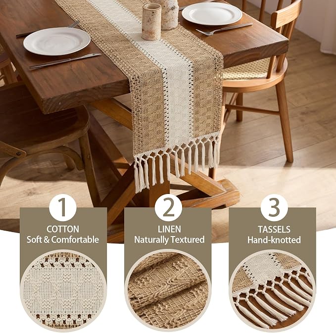 Baccessor Boho Macrame Table Runner, Woven Beige Jute Linen Table Runner - Image 8