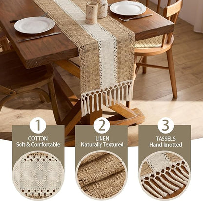 Baccessor Boho Macrame Table Runner, Woven Beige Jute Linen Table Runner - Image 8
