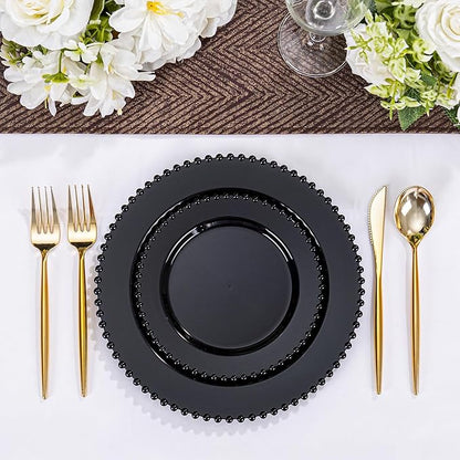 U-QE 60PCS Black Plastic Plates - Heavy Duty Black Disposable Plates Including 30PCS 10.25'' Dinner & 30PCS 7.5'' Dessert Plates -Hard Plastic Plate for Party Wedding Bridal Shower