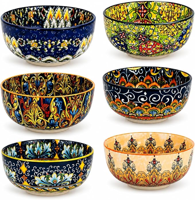 Cereal Bowls Set of 6, Bohemian Ceramic Soup Bowls, 28 oz Colorful Bowls Set by Unknown