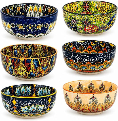 Cereal Bowls Set of 6, Bohemian Ceramic Soup Bowls, 28 oz Colorful Bowls Set by Unknown