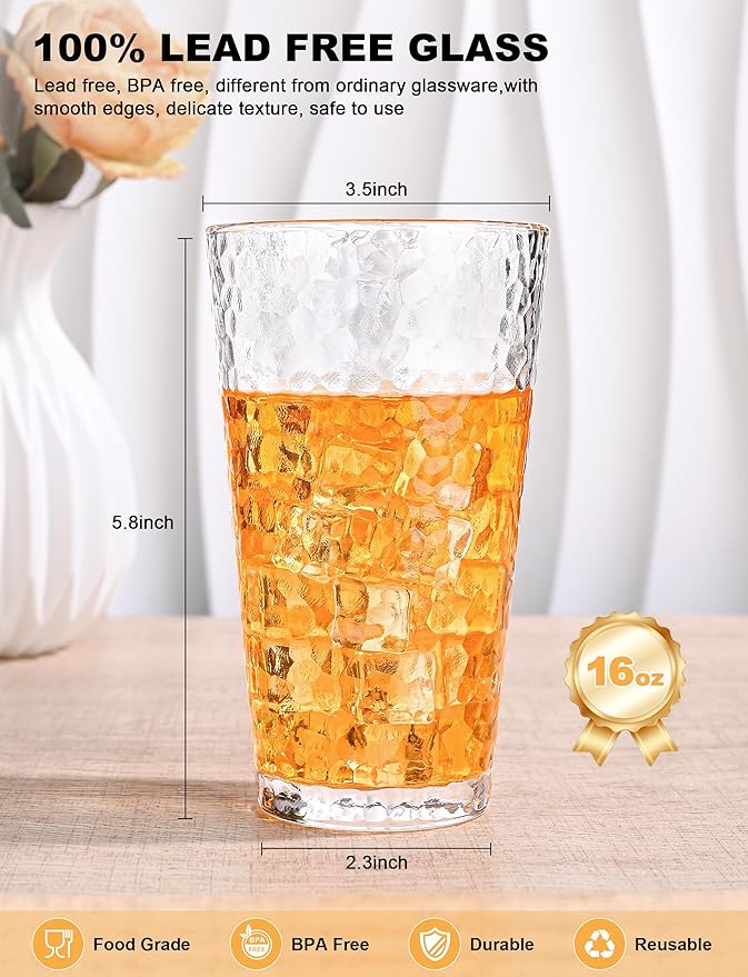 Amyoole Drinking Glasses Set of 8, 16oz Clear Highball Water Glasses | - Image 5