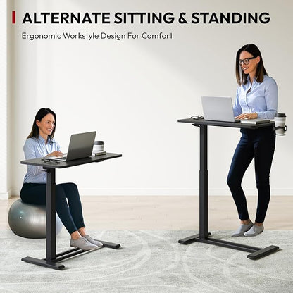 SANODESK Mobile Standing Desk with Hidden Wheels,Pneumatic Laptop Desk Rolling Computer Cart Movable Height Adjustable Small Sit Stand Desk for Home Office(27.6" W x 15.7" D, Black)