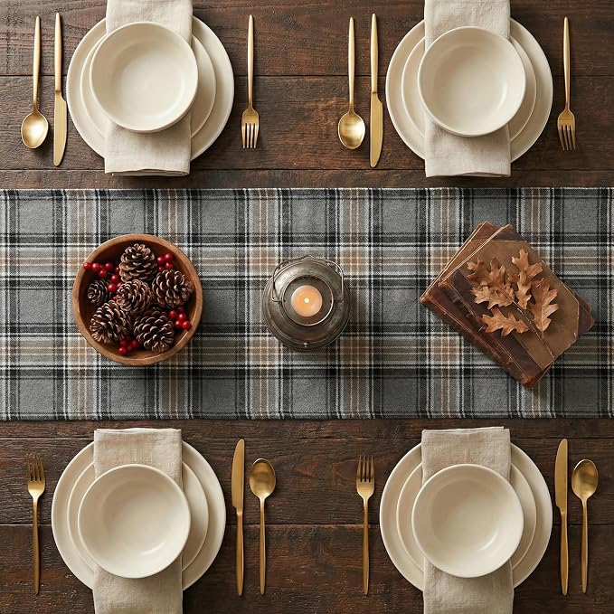 Artoid Mode Grey Brown Farmhouse Plaid Retro Table Runner, Rustic Holiday Check - Image 3