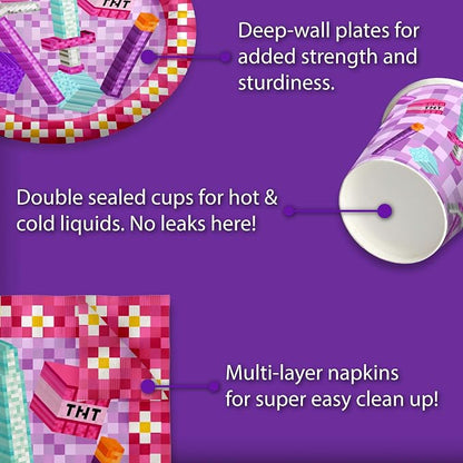 Girl Pixel Mining Birthday Party Supplies Set Plates Napkins Cups Tableware Kit - Image 5