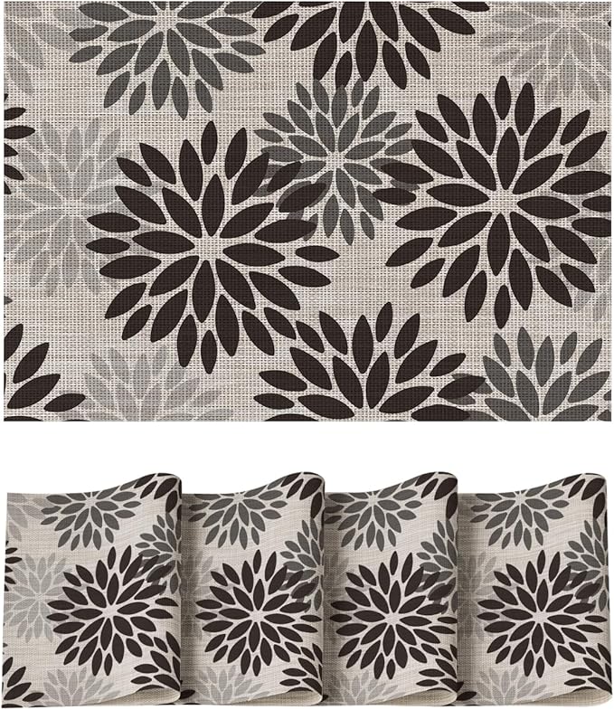 Artoid Mode Floral Vinyl Halloween Placemats Set of 4, Heat Resistant Washable Non-Slip Plastic PVC Place Mats for Party Kitchen Dining Decor, Black