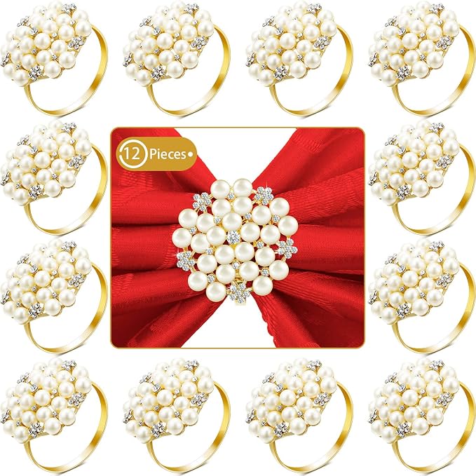 Hotop 72 Pcs Gold Napkin Rings Pearls and Flower Napkin Buckles Rhinestone by HOTOP