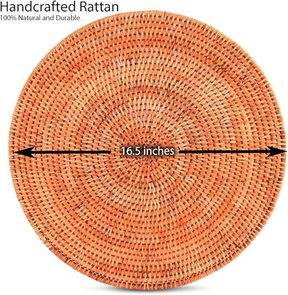 Vagabond House Handmade Rattan Chargers - Set of 4 Large, Durable, Natural Woven Wicker Rattan Placemats for Dinner Plates with Pewter Anchor - Perfect for Beach Home, Ocean and Coastal Themes