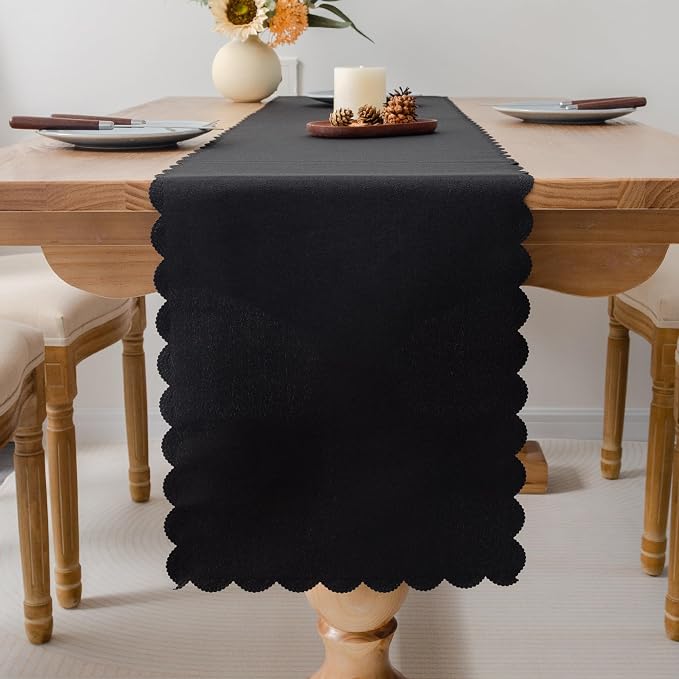 Solid Black Farmhouse Scalloped Table Runner 13 x 72 Inchs | Washable Polyester by YZKITM