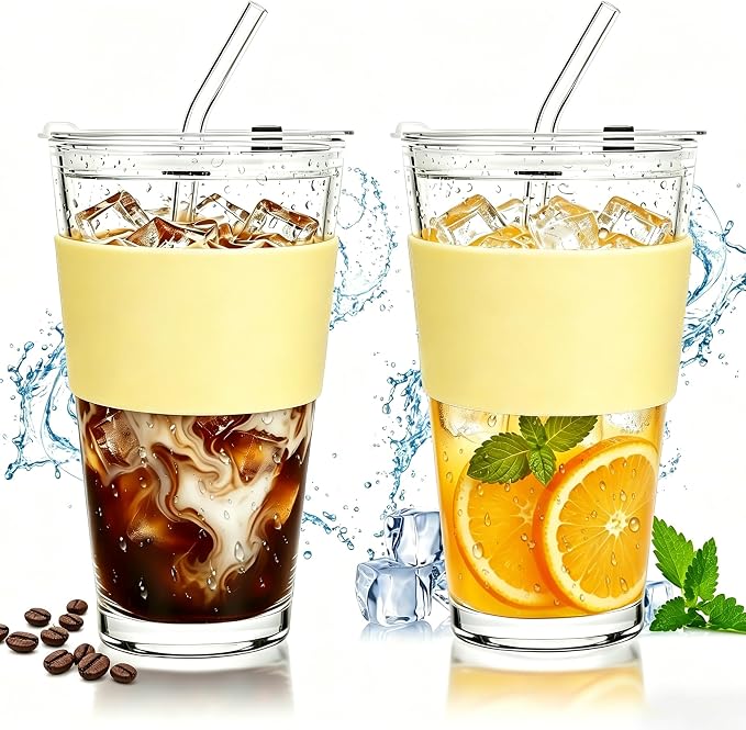 Birity 16oz Glass Cup with Lid and Glass Straw, Reusable Iced Coffee Cups by 24ozRibbedGlassCup