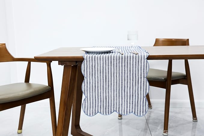 100% Natural Linen Rustic Scalloped Embroidery Table Runner 48 Inches, Linen by AORISSI