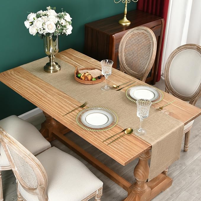 NEWISHER Farmhouse Rustic Faux Linen Solid Flaxen Table Runner 13x72inch | - Image 2
