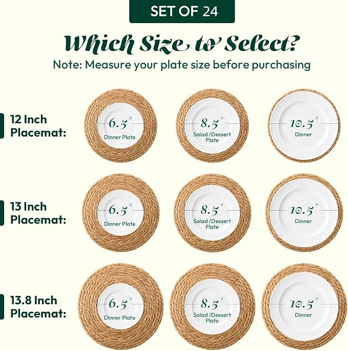13 Inch Round Woven Placemats Set of 24, Boho Farmhouse Rustic Rattan Wicker - Image 3