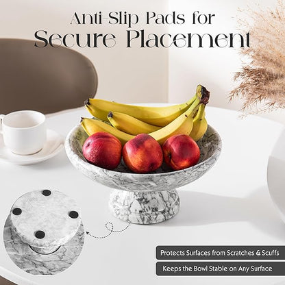 Decorative Marble Bowl with Anti-Slip Pads, Large Countertop Centerpiece and Modern Catch All Bowl for Entryway Keys - Elegant Large Fruit Bowl, White, ~10"