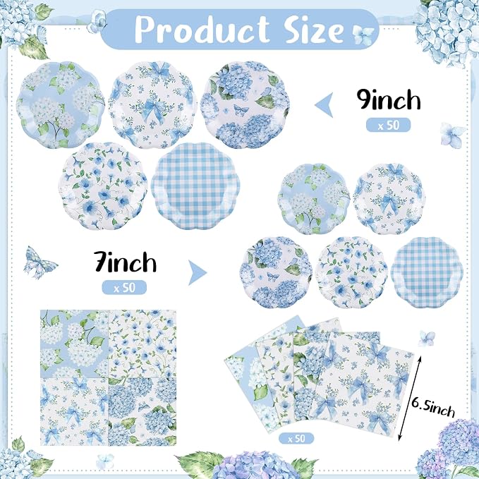NatNarr 50 Set Floral Plates and Napkins Hydrangea Party Decor | 9" Hydrangea - Image 2