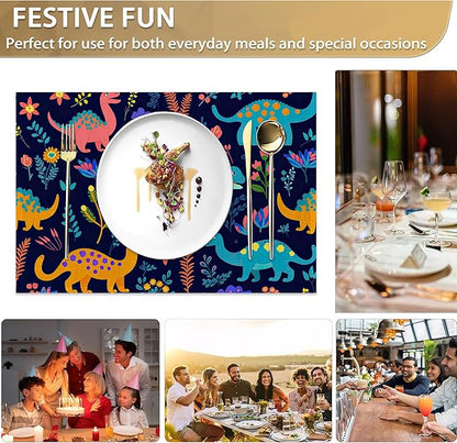 Dinosaurs Placemats Set of 6,12x18 Inch Table Mats for Colorful Dinosaurs Kitchen Table Washable Farmhouse Linen Table Mats Dining Decoration