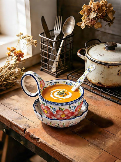 silesia Handmade Loop Handle Soup Bowl, Plate and Spoon Set Ceramic Hand - Image 5
