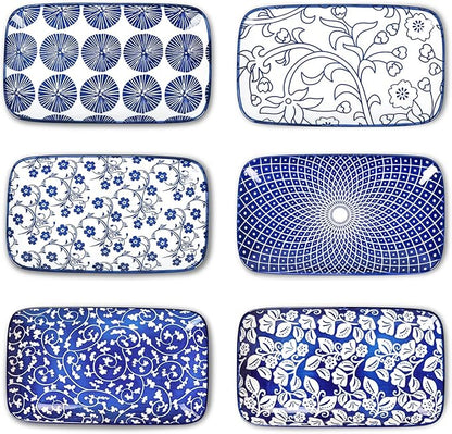 Selamica Rectangular Salad Plates, 7.1 Inch Dessert Plates Ceramic, Small Plates for Appetizer, Snack, Sushi, Fruit, Set of 6, Vintage Blue