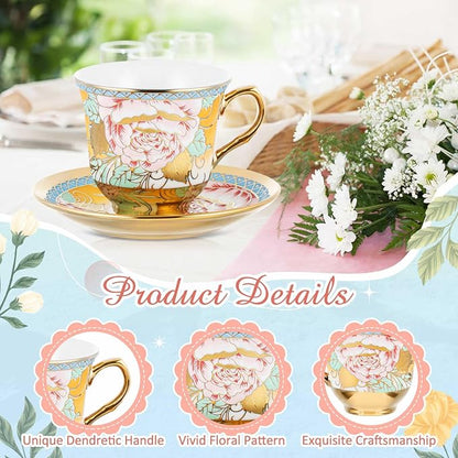 Teenyyou Set of 12 Tea Cups and Saucers Tea Party Decorations Floral Porcelain - Image 7