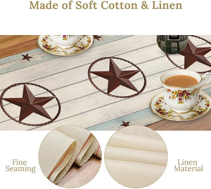 Texas Star Table Runner, Rustic Farmhouse Western Blue Wooden Red Star Barn - Image 6