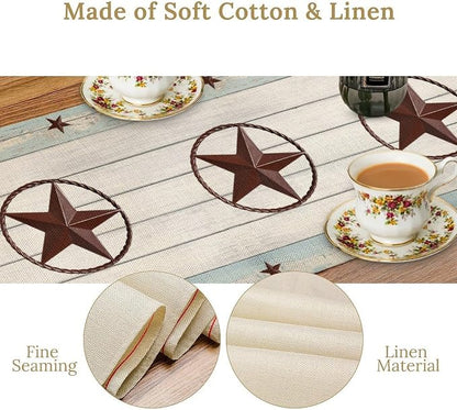 Texas Star Table Runner, Rustic Farmhouse Western Blue Wooden Red Star Barn - Image 6