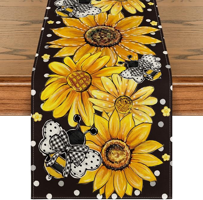 Artoid Mode Black Sunflower Bee Flower Polka Dot Summer Table Runner, Seasonal by ArtoidMode