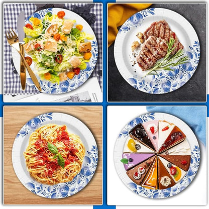 Charmount Paper Plates Bulk 8.5 Inch, 150pcs Disposable Plates, Blue Paper Plates for Parties and Daily Use, Soak Proof, Cut Proof, Flower Printed