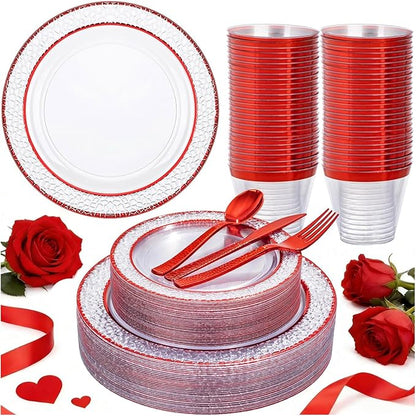 Ciaell 150 PCS Red Plastic Plates – Clear Hammered Disposable Plates with Red Rim include 50Plates, 25Forks, 25Knives, 25Spoons, 25Cups for Wedding & Party & Anniversary & Valentine's Day