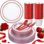 Ciaell 150 PCS Red Plastic Plates – Clear Hammered Disposable Plates with Red Rim include 50Plates, 25Forks, 25Knives, 25Spoons, 25Cups for Wedding & Party & Anniversary & Valentine's Day